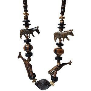 Handmade African Safari Wooden Zebra Giraffe Beaded Necklace Hand Carved Animal